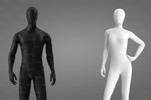 a black and white mannequin standing next to each other