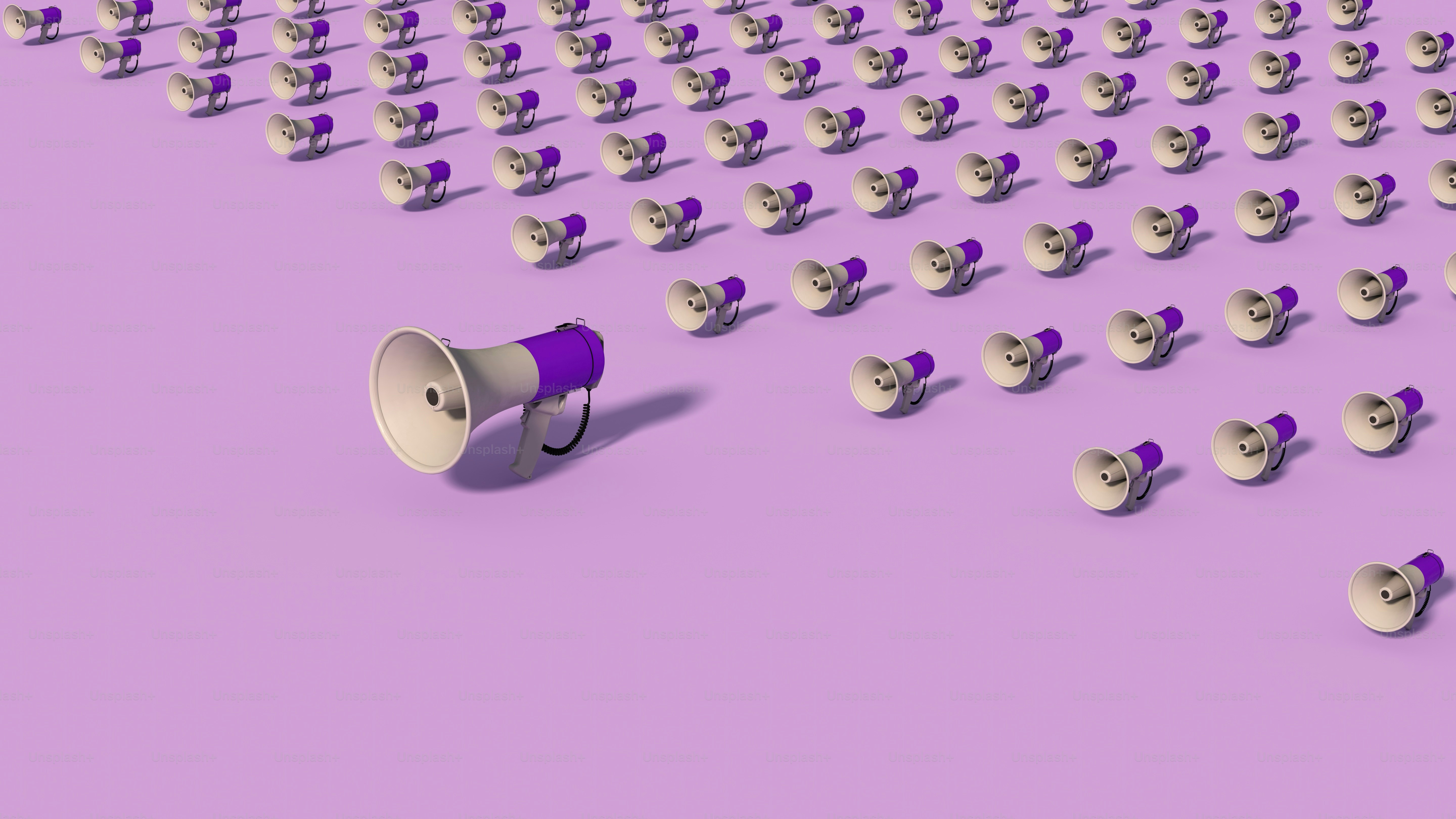 a purple background with a lot of white faces and a purple megaphone