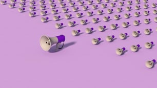 a purple background with a lot of white faces and a purple megaphone