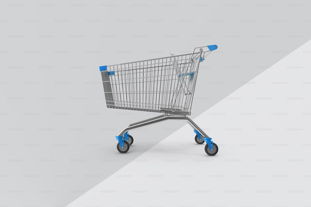 a shopping cart with blue handles on a white background