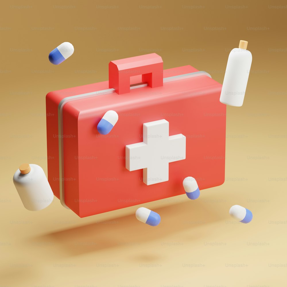 a first aid kit with pills coming out of it