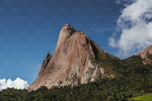 a tall mountain with trees on the side of it