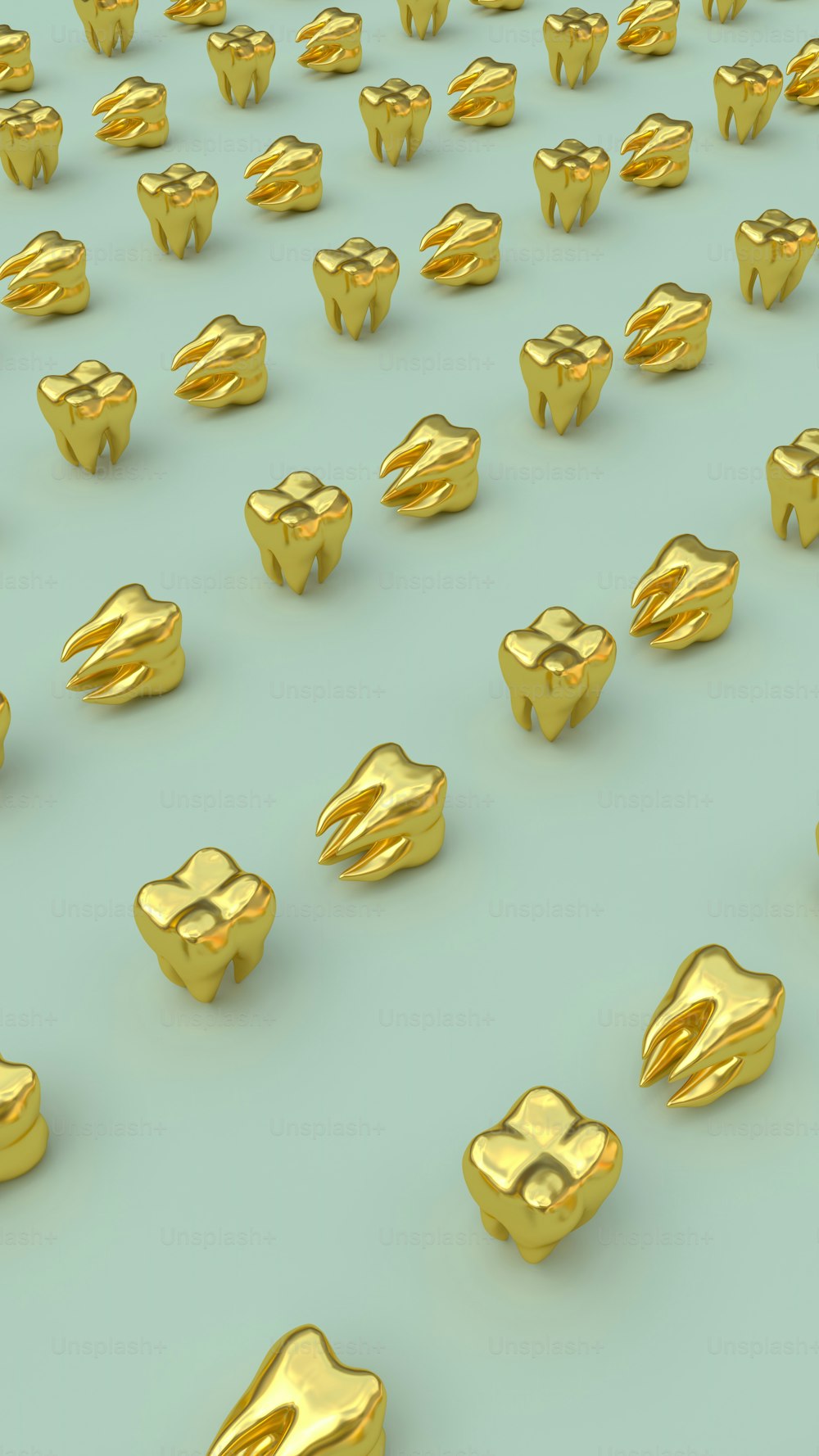 a lot of gold objects that are on a blue surface