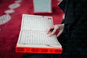 Una persona sentada en una alfombra roja sosteniendo un libro