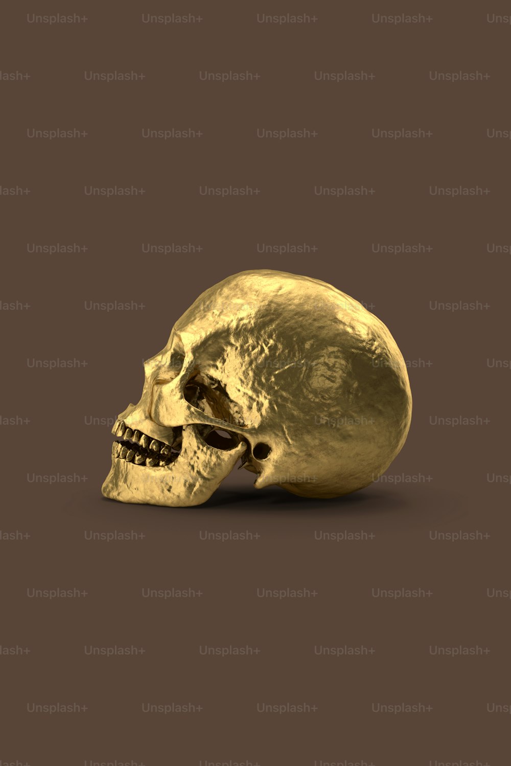 a gold skull on a brown background