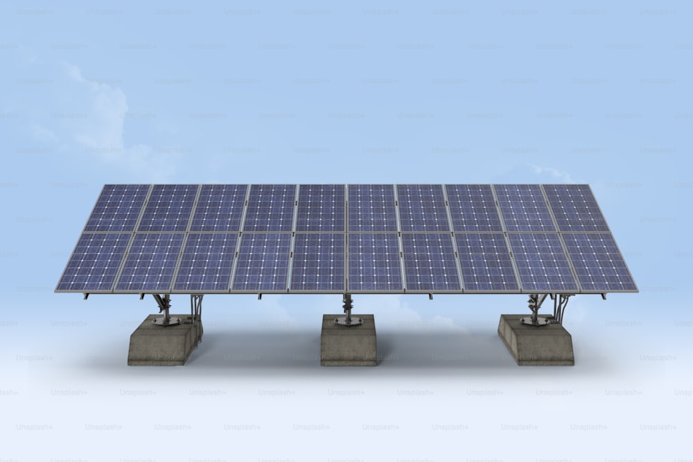 a large solar panel sitting on top of cement blocks
