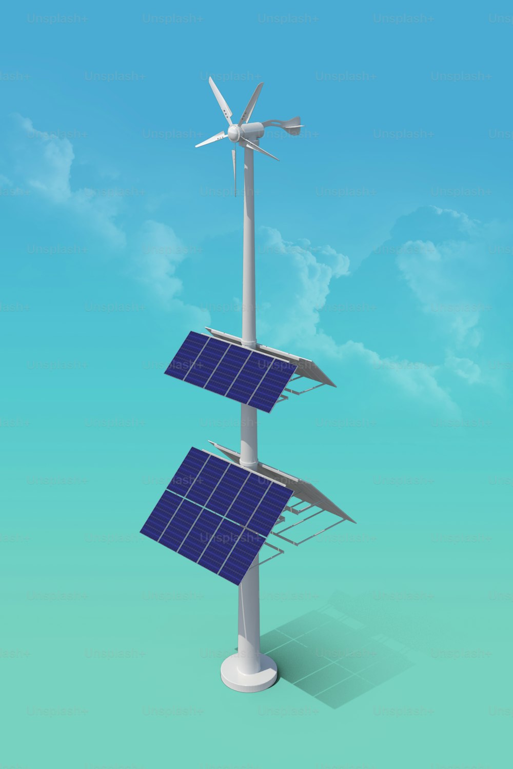 a wind turbine and a solar panel on a pole
