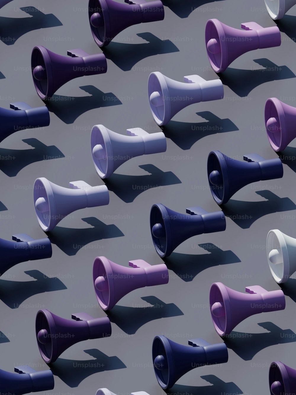 a group of purple and white megaphones sitting on top of each other