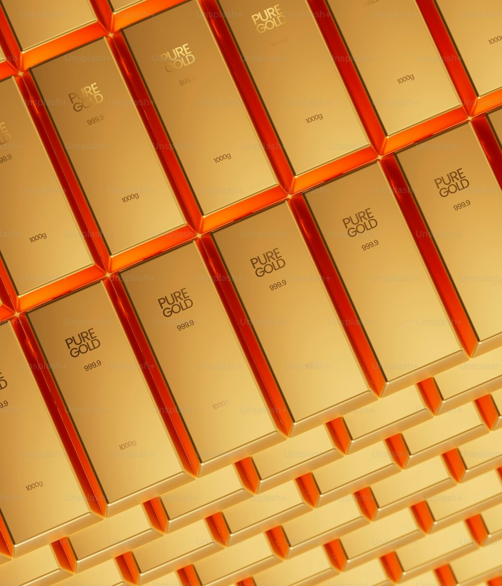 a wall of gold bars with chinese characters on them