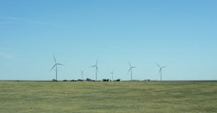 a group of wind turbines in a field