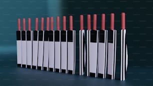a row of red and black toothbrushes sitting next to each other