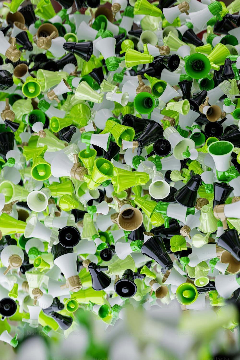 a pile of green and white glass bottles