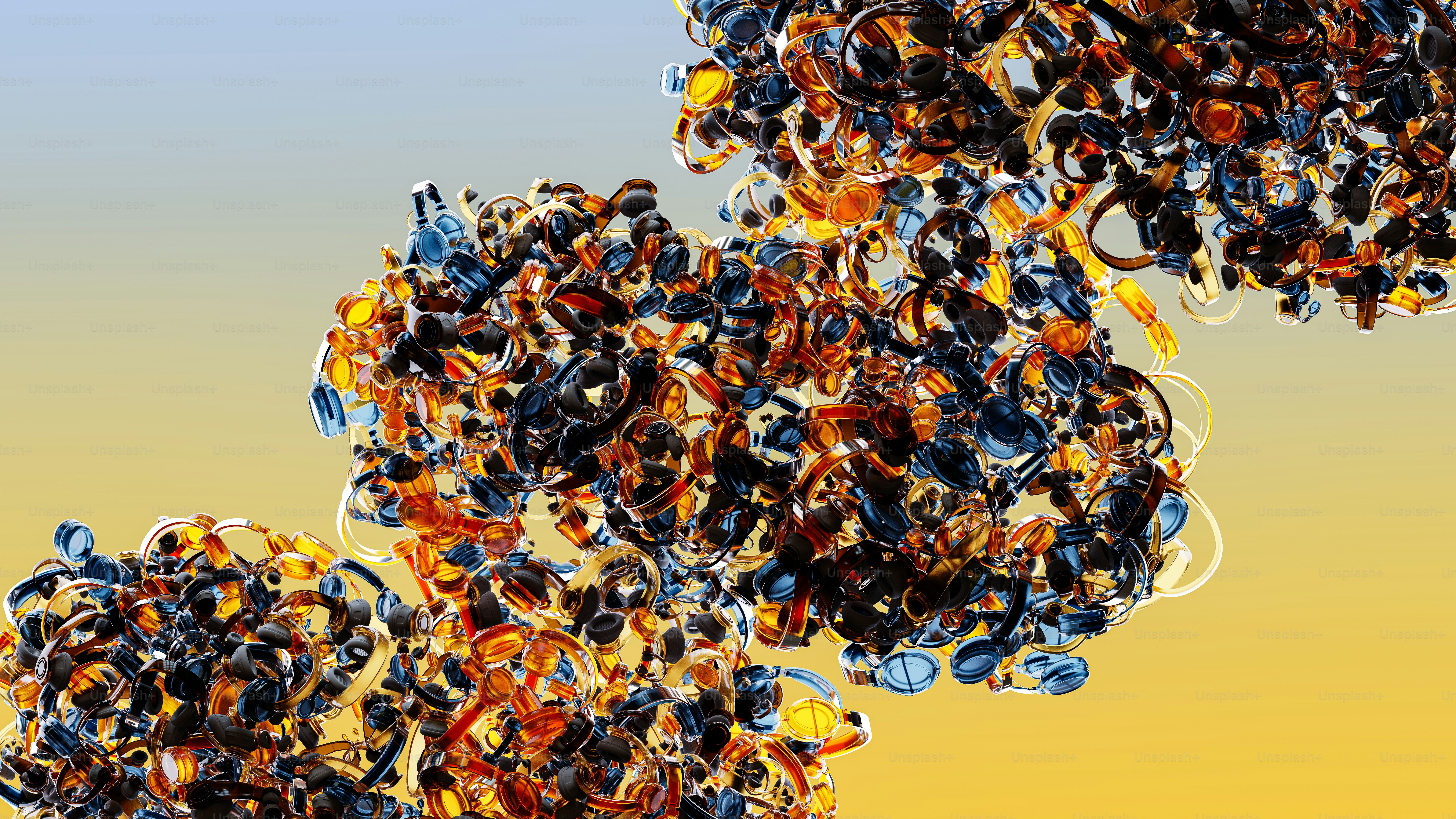 Un montón de objetos de diferentes colores sobre un fondo amarillo