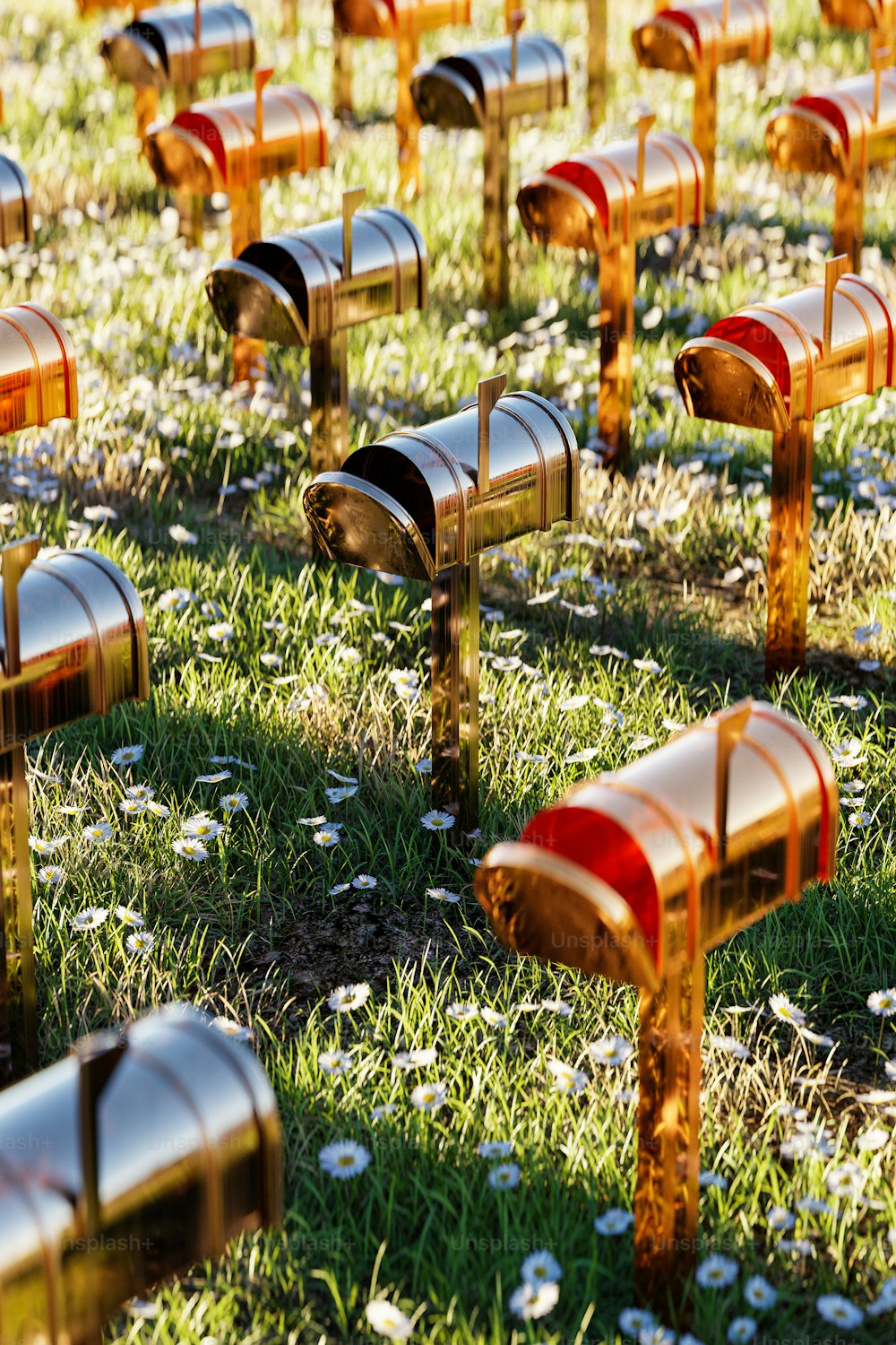 a bunch of mail boxes sitting in the grass