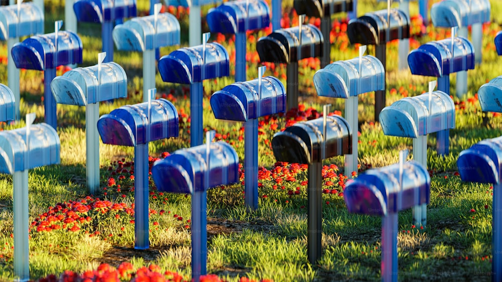 a bunch of mail boxes that are in the grass