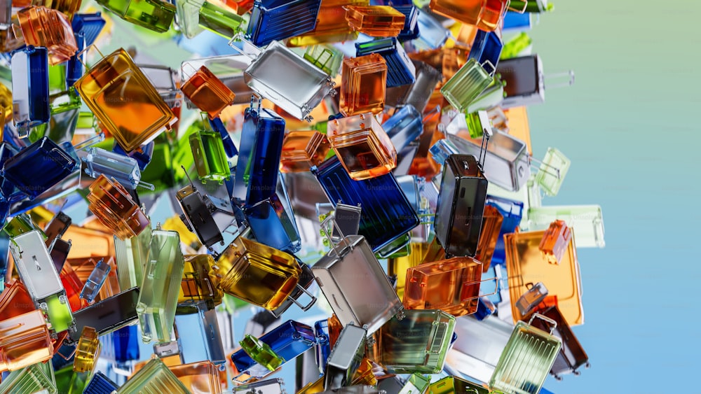 a pile of colorful glass blocks sitting on top of a table