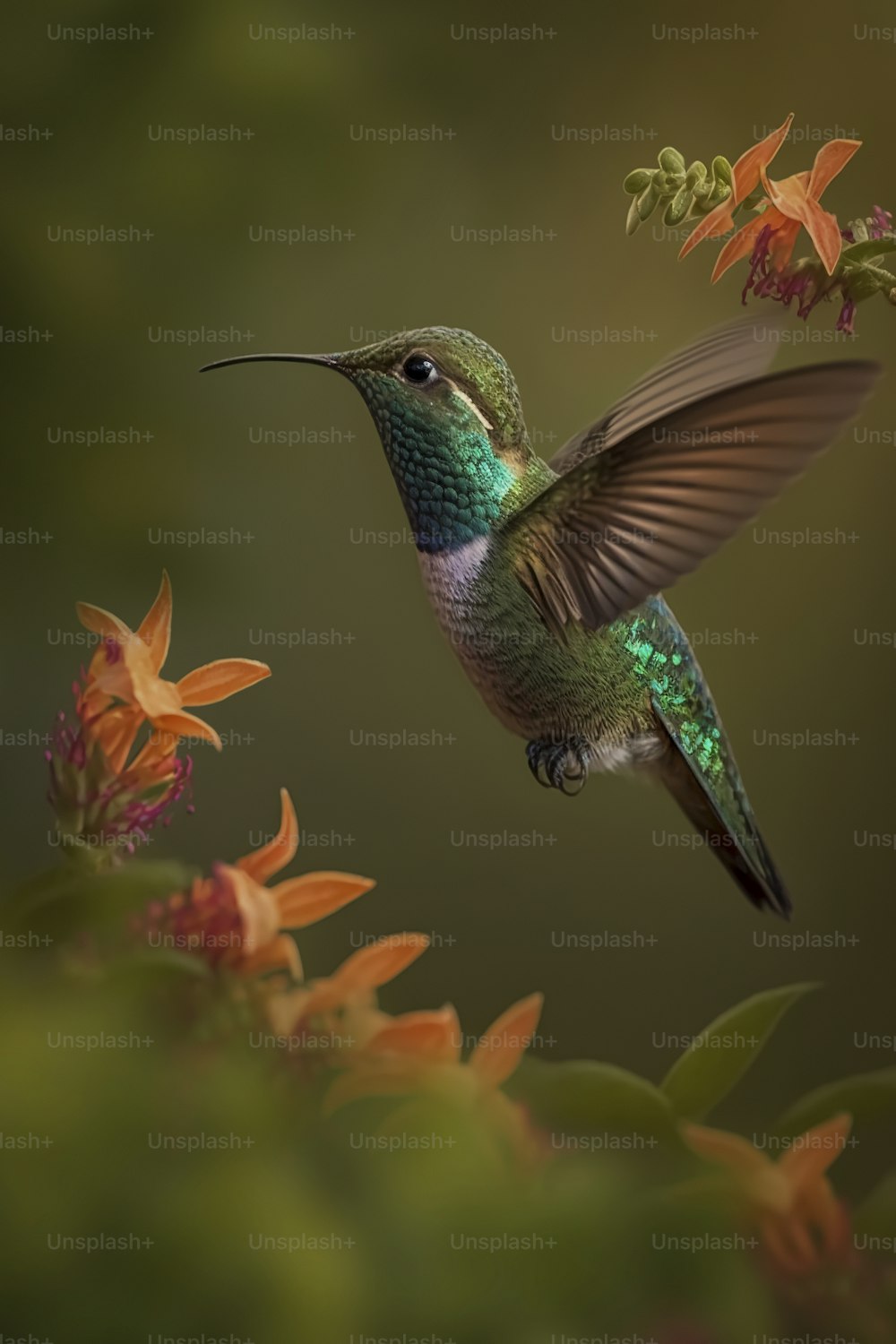 Un colibrí está volando cerca de una flor