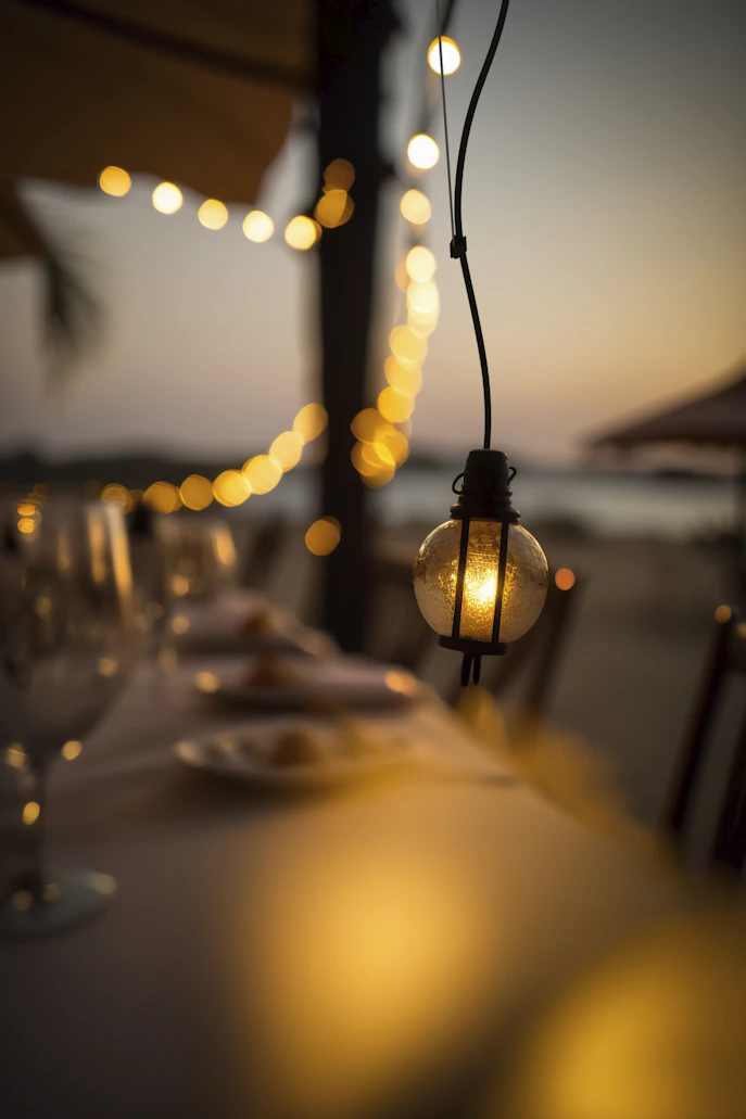 Dehor di un locale illuminato con luminarie estive al tramonto