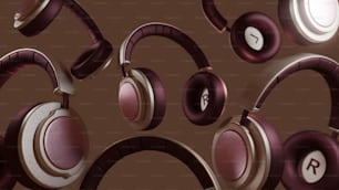 a group of headphones with a brown background