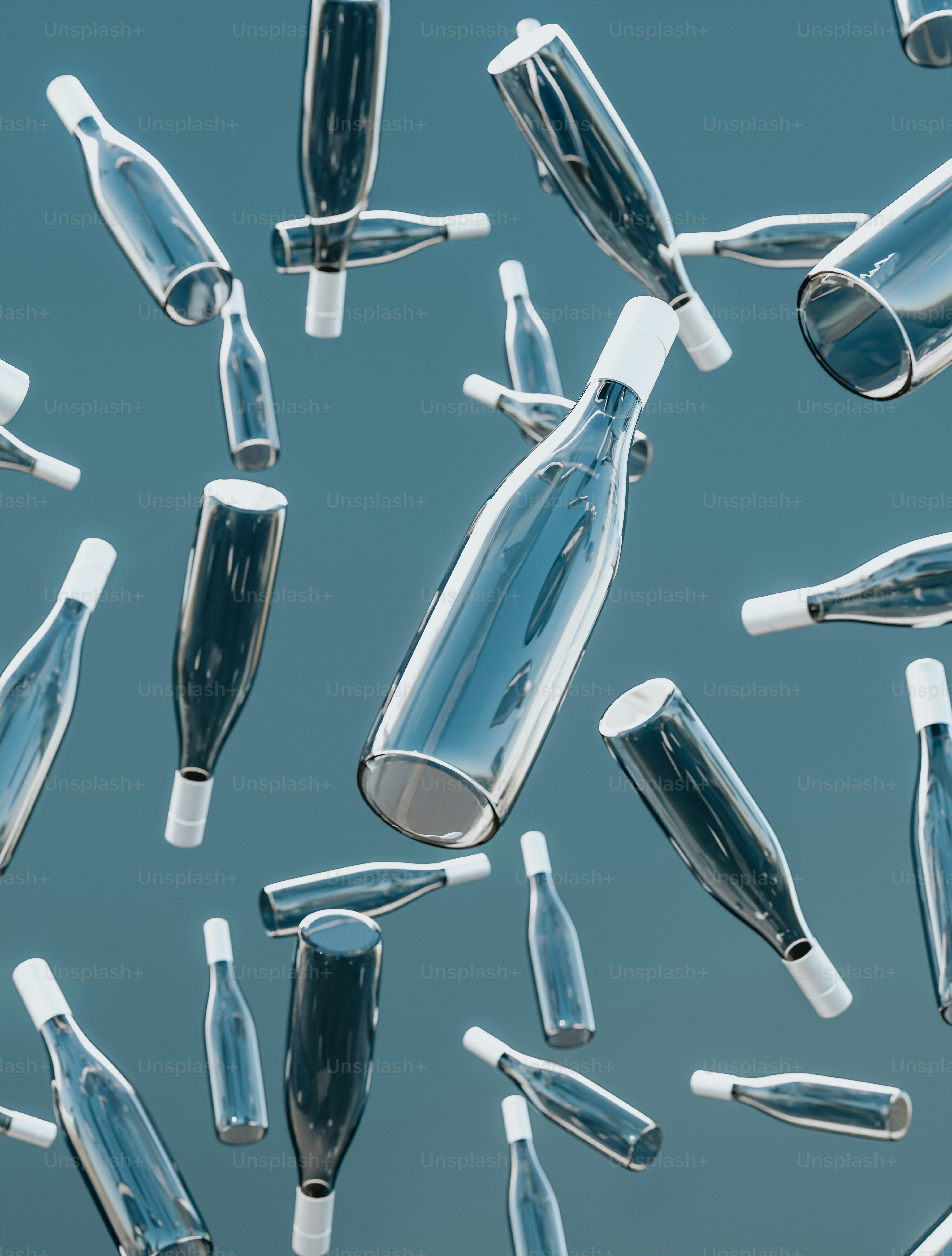 a bunch of empty bottles floating in the air