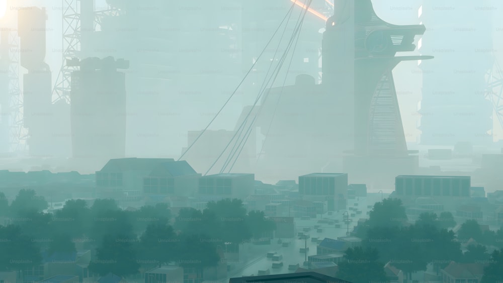 Un'immagine nebbiosa di una città con edifici alti