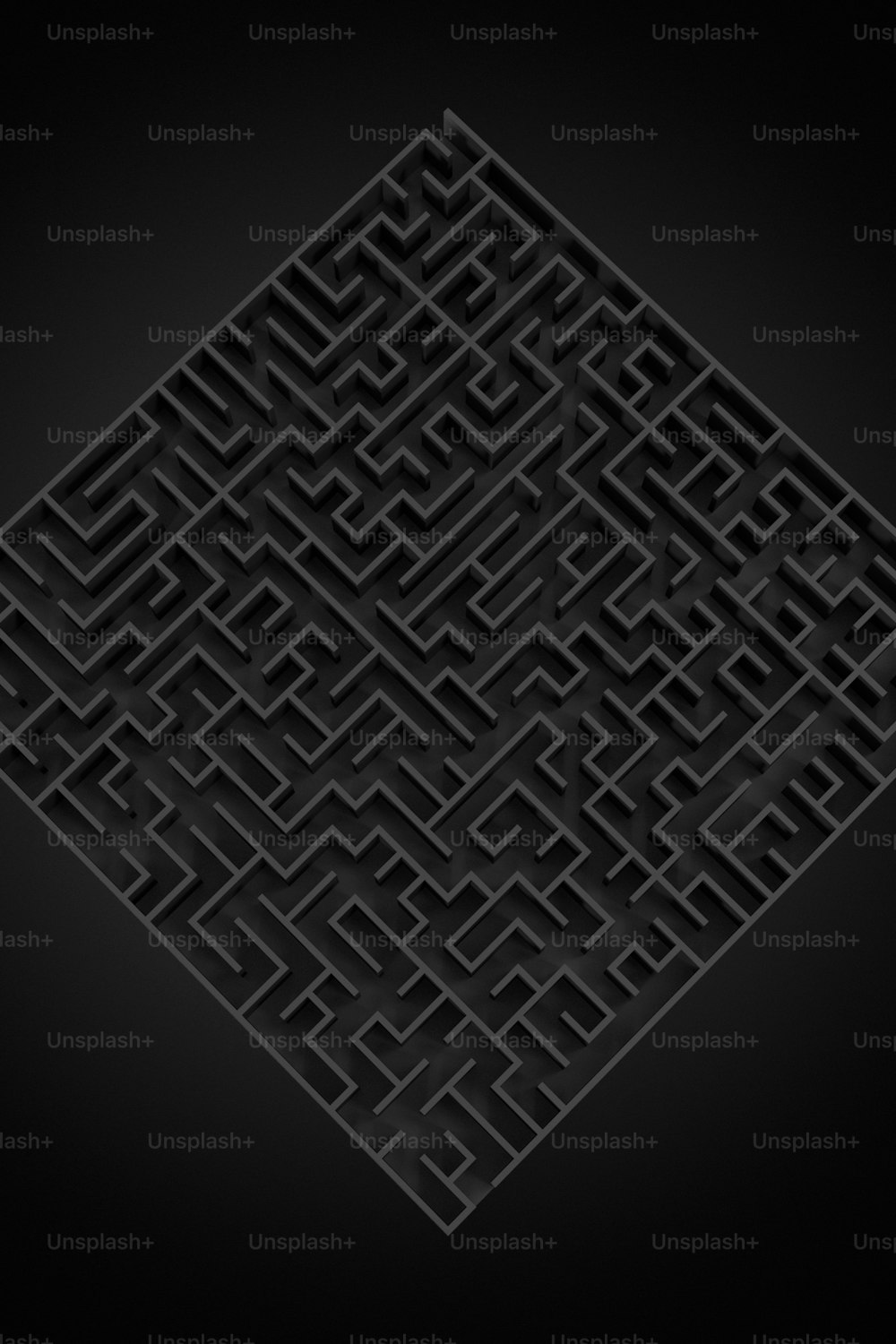 Ein schwarzes quadratisches Labyrinth auf schwarzem Hintergrund