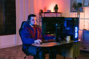 a man sitting at a desk in front of a computer
