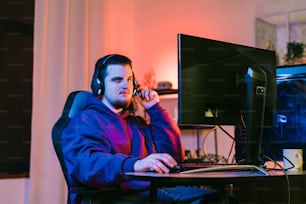 um homem sentado em frente a um computador usando fones de ouvido