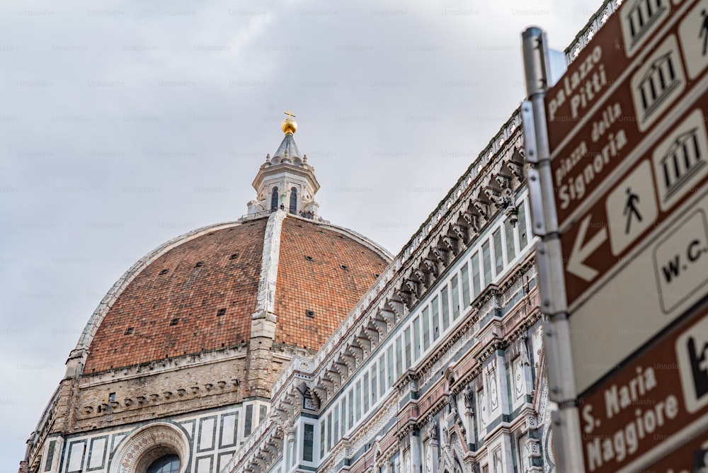 a tall building with a dome next to a street sign