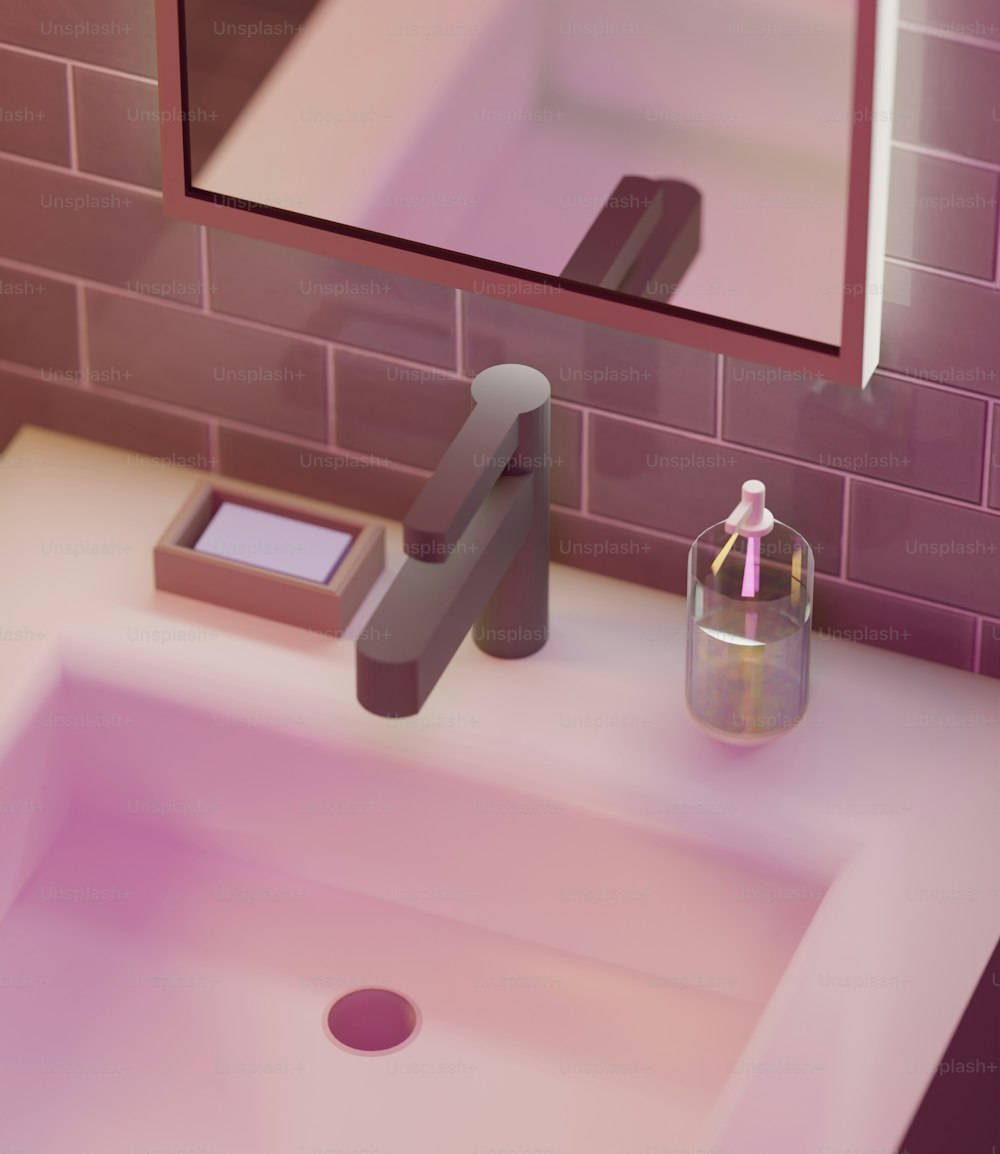 a bathroom sink with a mirror and a soap dispenser