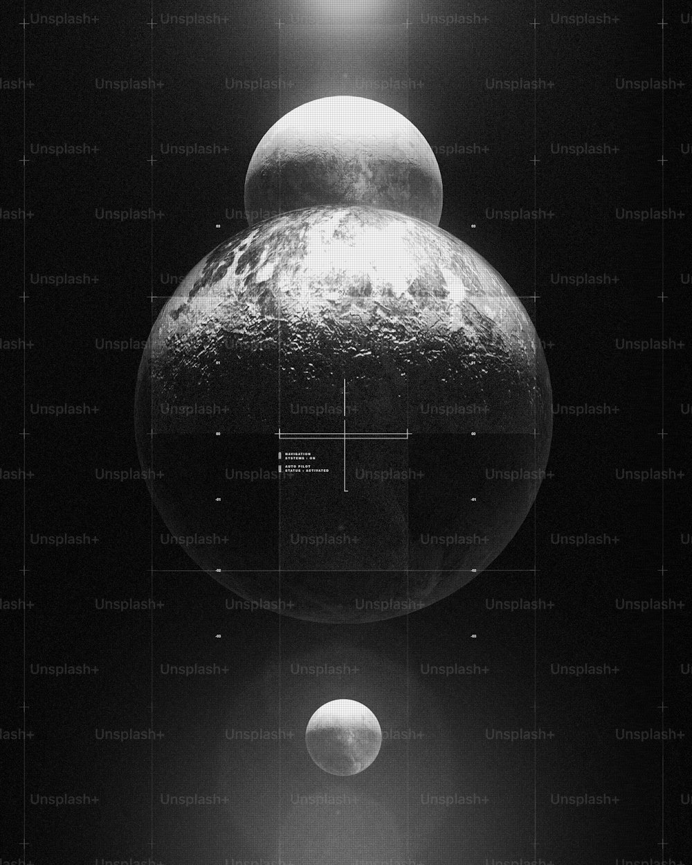 Une photo en noir et blanc de deux planètes