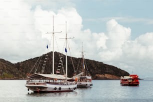 two large boats floating on top of a large body of water