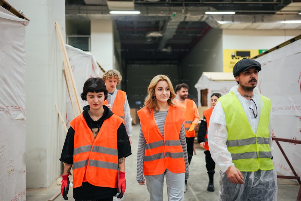 a group of people in safety vests walking down a hallway