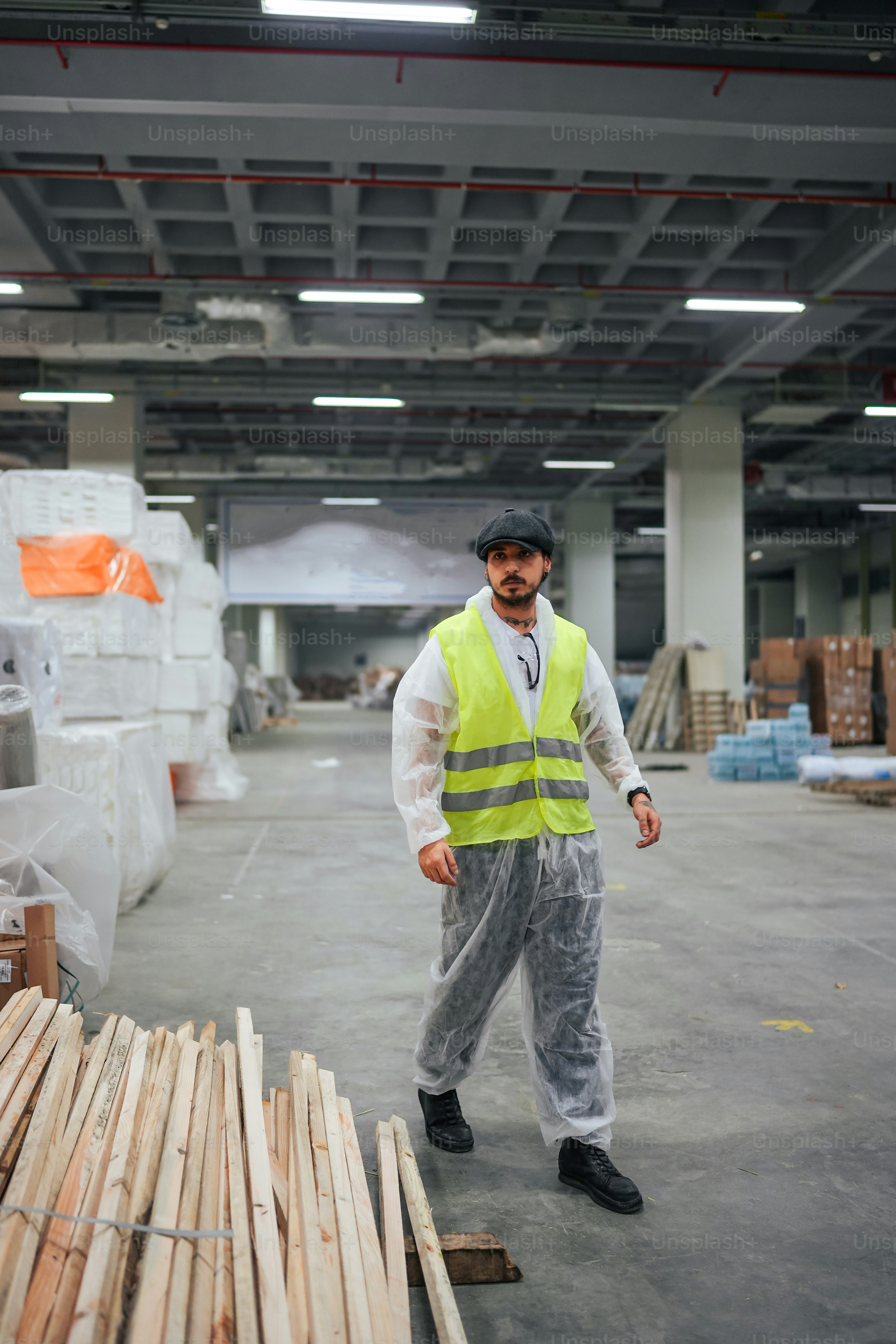 a man in a yellow vest standing next to a pile of wood