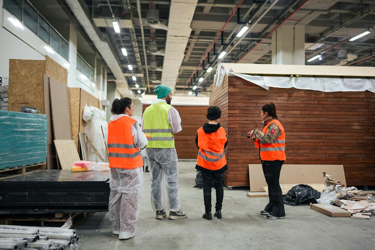 Team in high-vis vests coordinating inside a commercial interior buildout with exposed ceiling grid