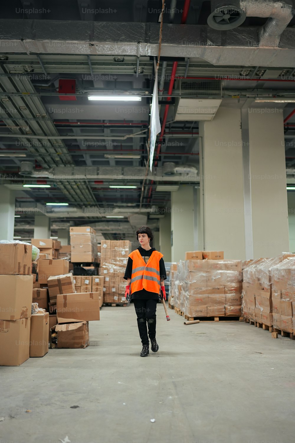 a woman in an orange vest walking through a warehouse