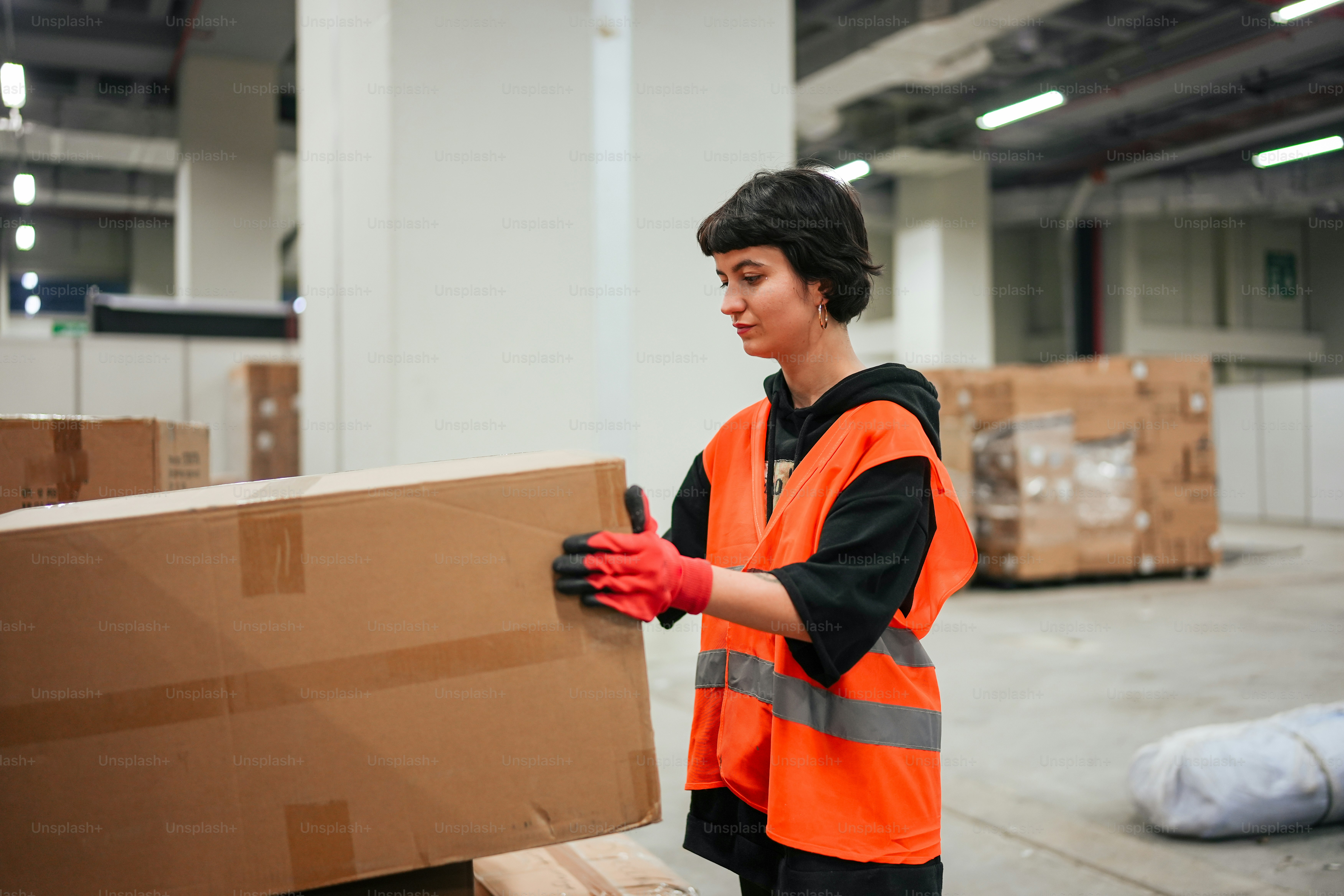 a woman in an orange safety vest holding a box