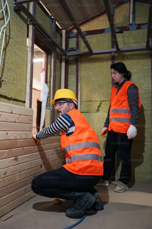 two men in orange vests and hard hats working on a wall
