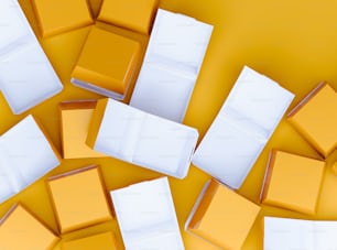 a bunch of yellow and white boxes on a yellow surface