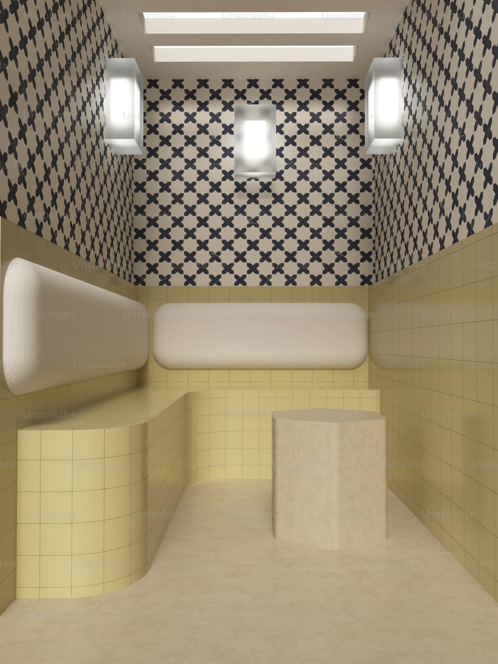 a bathroom with a checkered wall and tiled walls