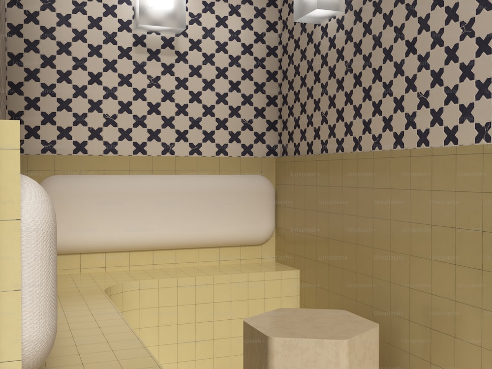 a bathroom with a tiled wall and tiled floor
