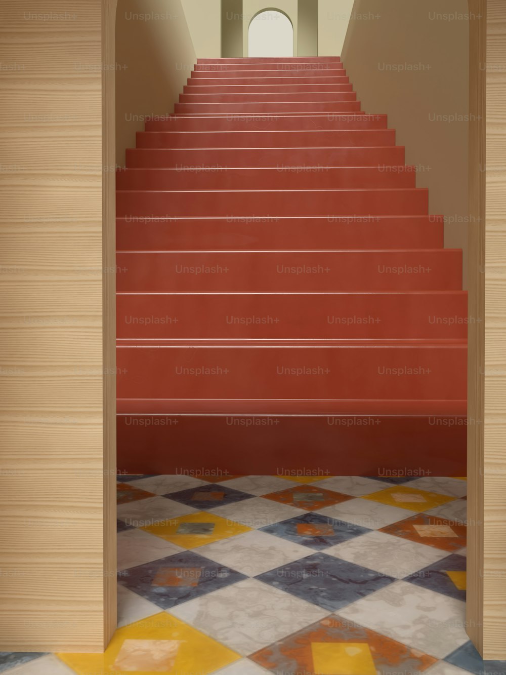 a set of red stairs leading up to a doorway