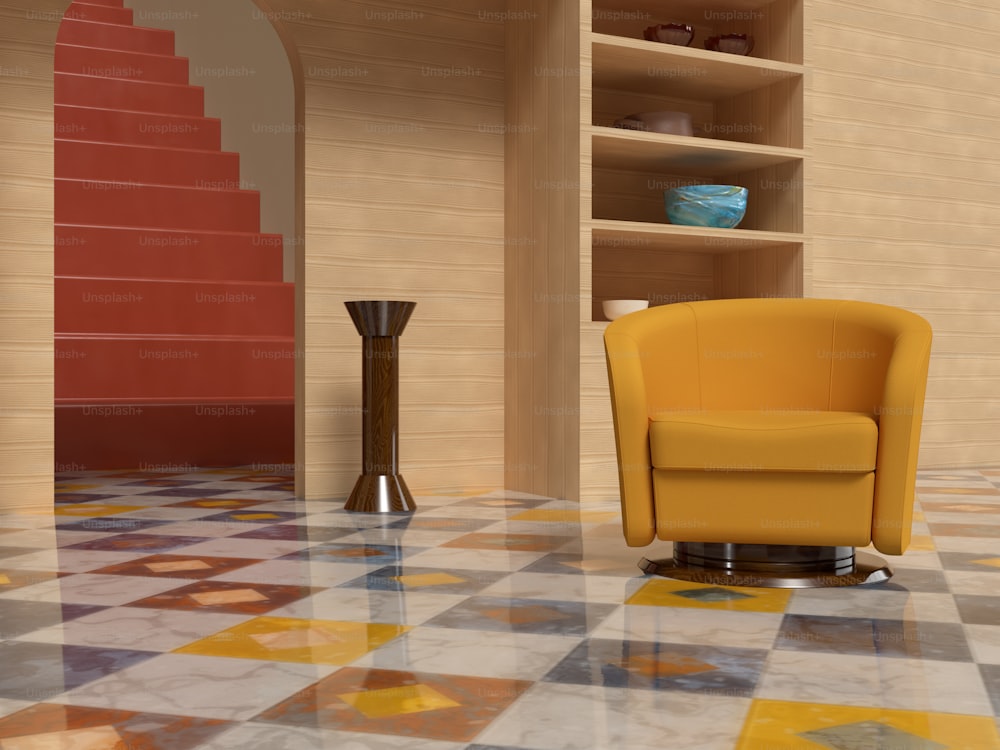 a yellow chair sitting on top of a tiled floor