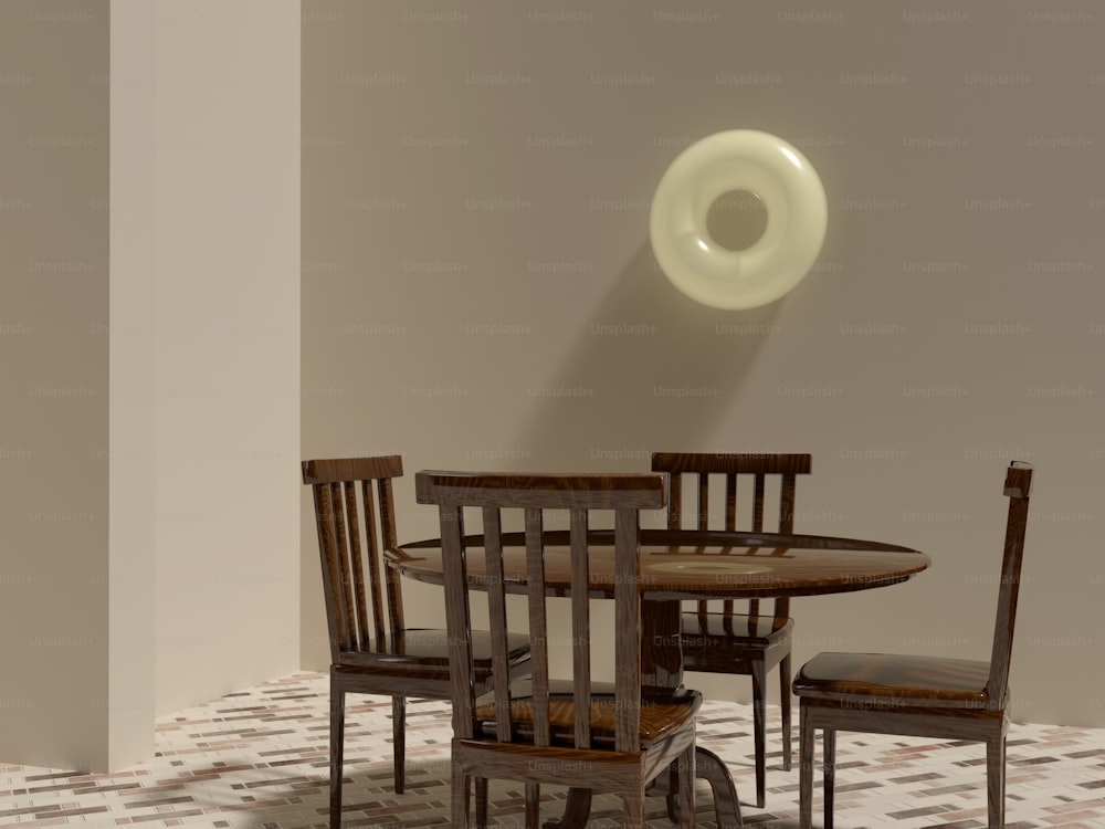 a dining room table with chairs and a lamp on the wall
