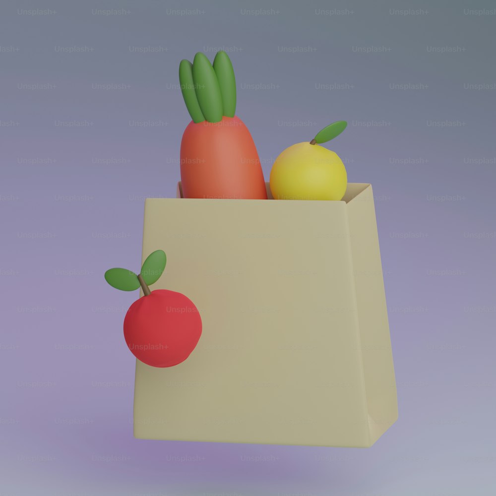 una bolsa de papel llena de frutas y verduras