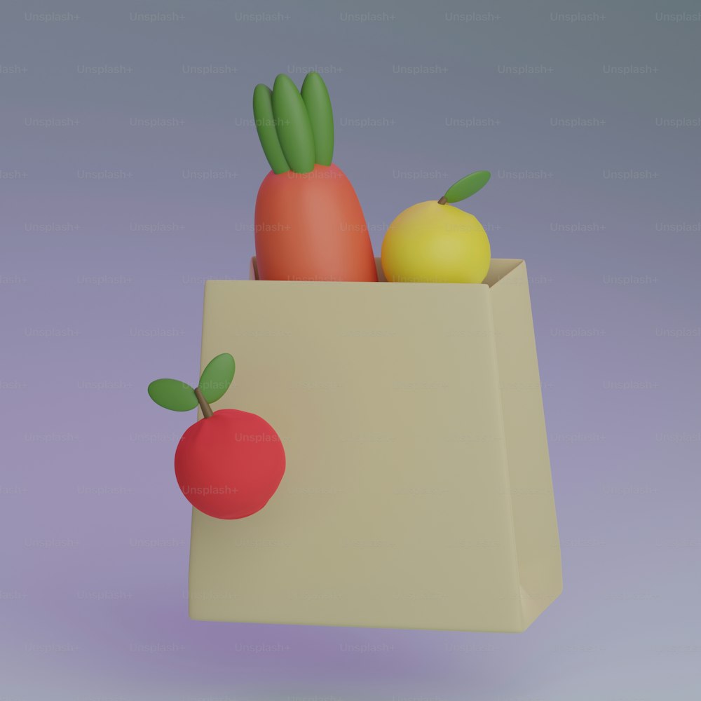 a paper bag filled with fruits and vegetables