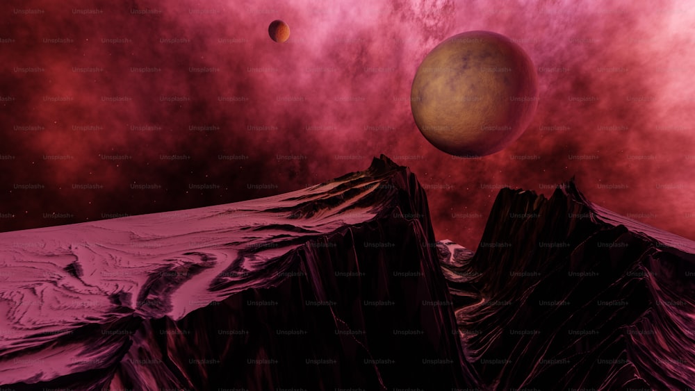 Una imagen generada por computadora de una montaña con un planeta en el fondo