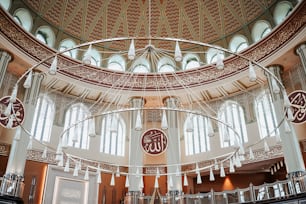 a large room with a circular ceiling and windows