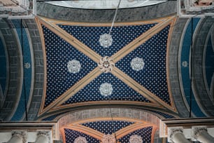 the ceiling of a church with blue and gold designs