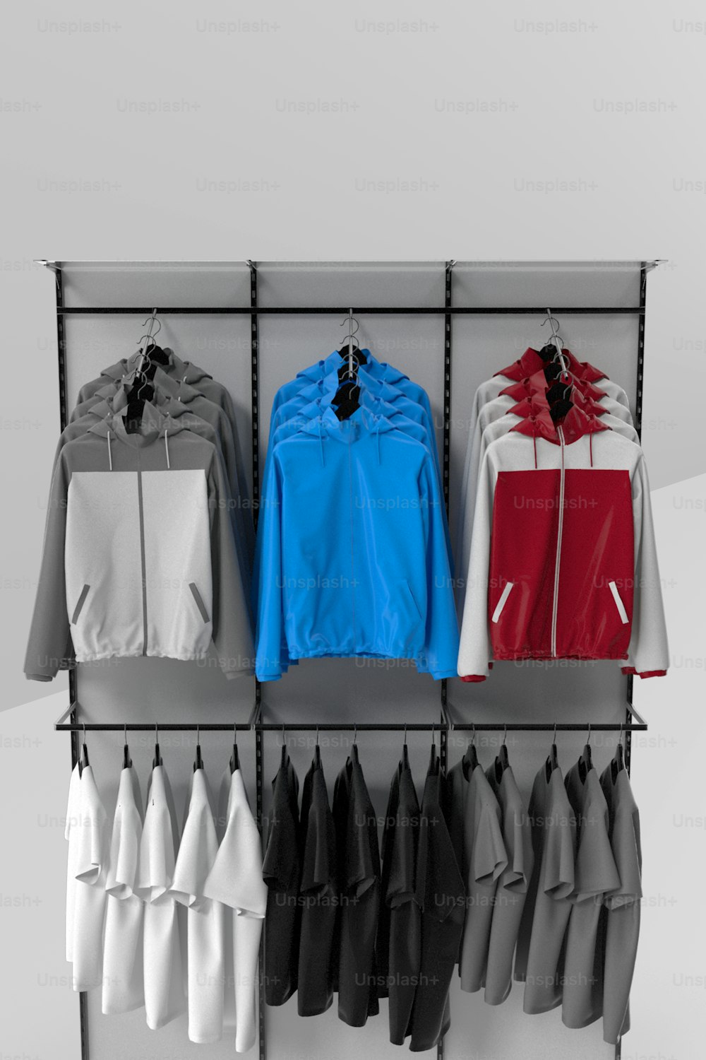 a rack with a variety of jackets hanging on it
